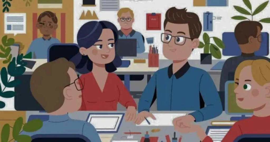 Cartoon depicting people in an office setting, showcasing teamwork and collaboration in a vibrant workplace environment.