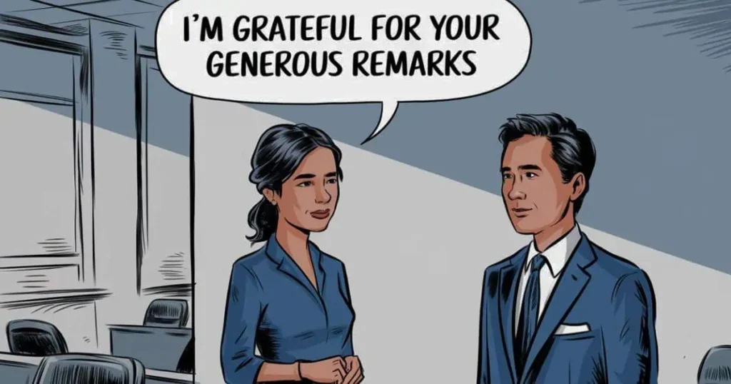 A cartoon depicting a man and woman engaged in conversation, expressing gratitude with the phrase "thank you for your kind words."