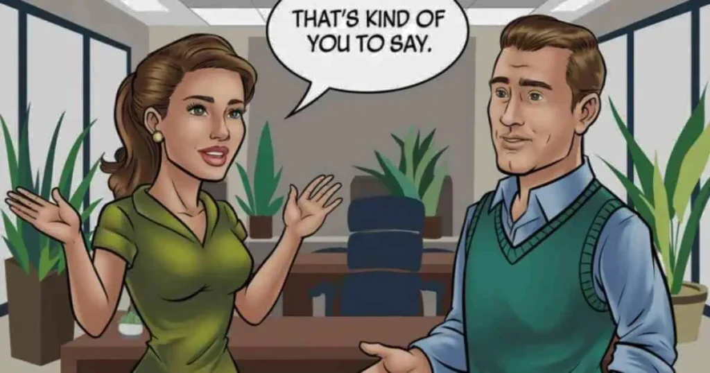 A cartoon depicting a man and woman conversing in an office, illustrating a friendly exchange of "thank you for your kind words."