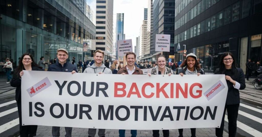 People held a banner. "Your Backing Is Our Motivation" is written on white banner.